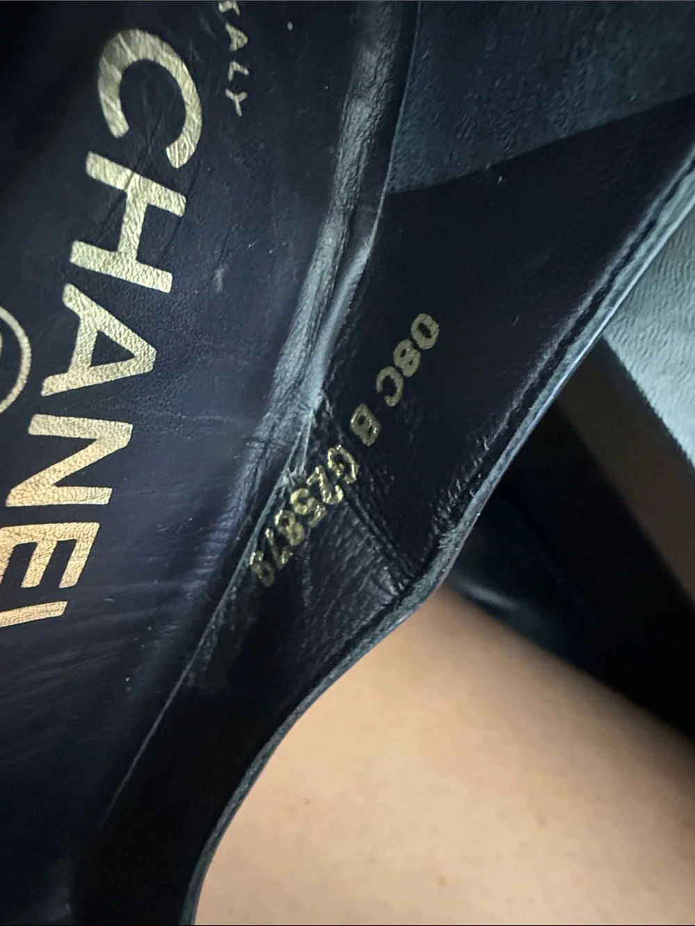 CHANEL Black Patent Peep-Toe Stiletto Pumps with Gold CC Heel Accent